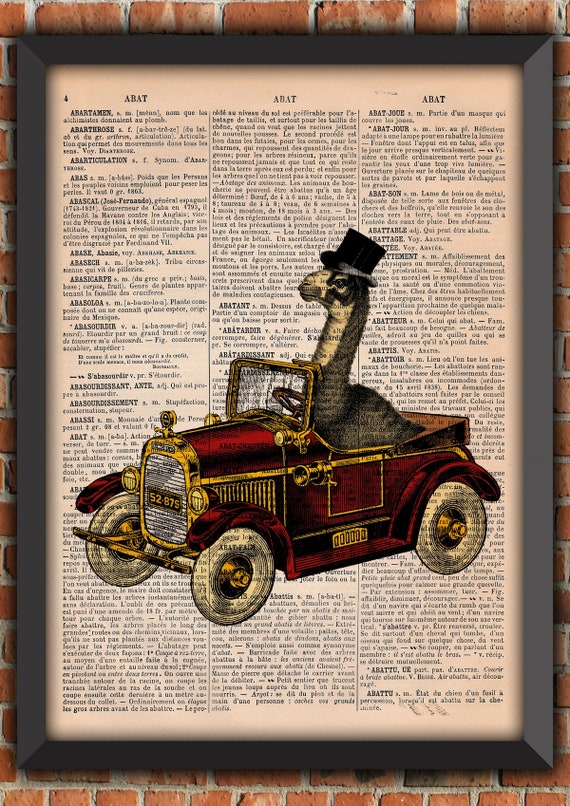 Llama Car Top Hat Animal Funny Cute Toy Framed Antropomorphic Vintage Art Print Home Decor Gift Poster Original Dictionary Page Print