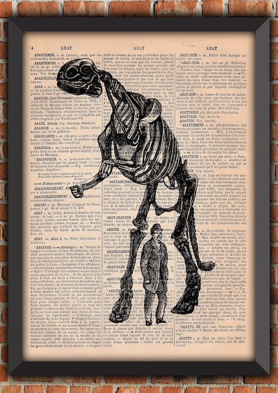 Dinosaur Skeleton Bones Hat Gentleman T-Rex Reptile Vintage Art Print  Home Decor Gift Poster Original Dictionary Book Page Print [A016]