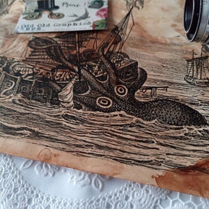 Attack kraken boat, Giant octopus poster, octopus attack, KRAKEN, tentacle, original gift, vintage poster, aged paper, squid print image 4