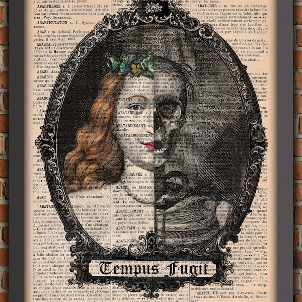 Poe Crâne Tête De Mort portrait Gothique victorien halloween Vintage Art Print Décoration Murale Cadeau Poster Original Dictionnaire Page