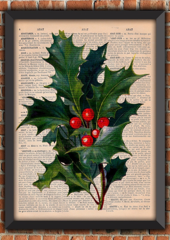 Holly Plant Santa Claus Christmas Wreath X-Mas Tree Reindeer Retro Vintage Art Print Home Decor Gift Poster Original Dictionary Page Print