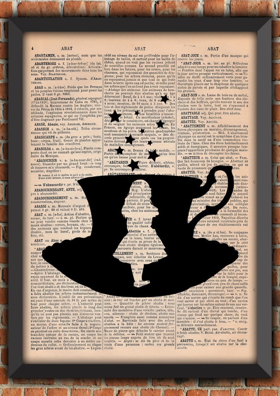 Alice In Wonderland Tea Cup Stars Silhouette Book Vintage Art Print Home Decor Gift Poster Original Dictionary Page Print [A022]