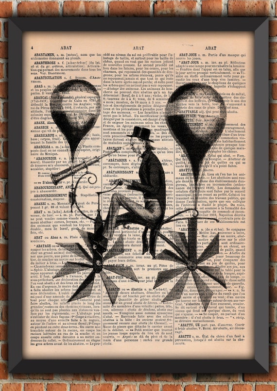 Steampunk Aviator Zeppelin Victorian Goggles Mustache Man Flying Vintage Art Print Home Decor Gift Poster Original Dictionary Page Print