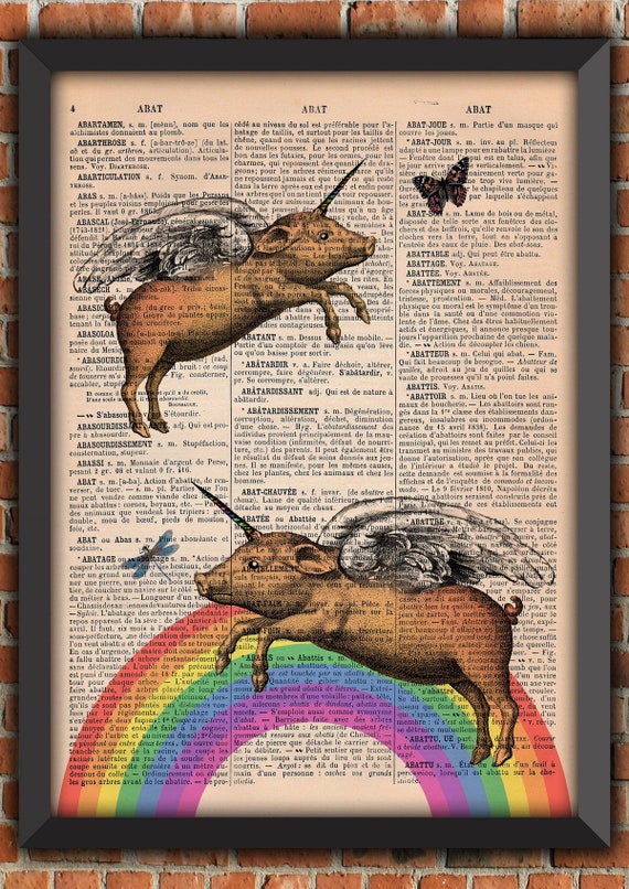 Flying Pigs Wings Unicorn Cute Butterfly Dragonfly Funny Piggycorn Vintage Art Print Home Decor Gift Poster Original Dictionary Page Print