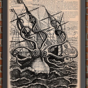 Wall decor giant octopus, KRAKEN art print, dictionary art, giant squid attack, tentacles, art poster, gift, french book, authentique pages