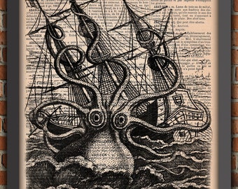 Affiche poulpe géant, impression KRAKEN, dictionnaire, attaque calmar géant, calamar géant, tentacule, affiche d’art, cadeau, oddoldgraphics