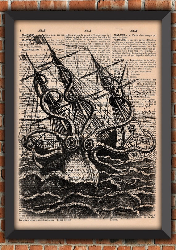 Wall decor giant octopus, KRAKEN art print, dictionary art, giant squid attack, tentacles, art poster, gift, french book, authentique pages