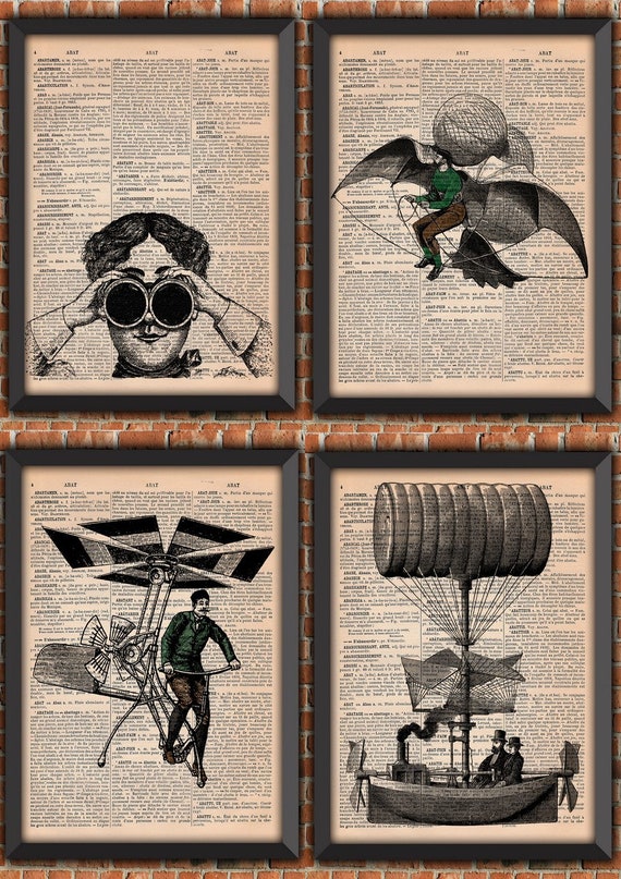 Pack Steampunk flying machine Victorian era Man Flying Vintage Art Print Home Decor Gift Poster Original Authentique french dictionary Page