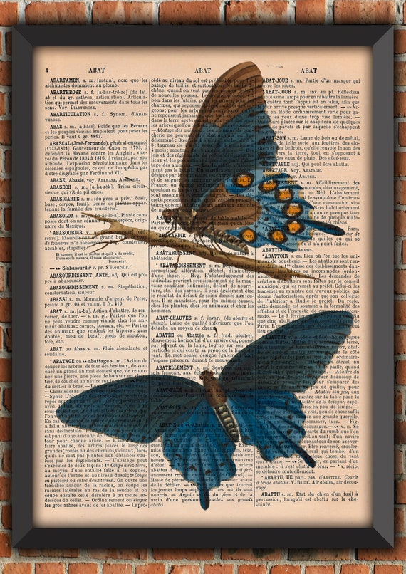 Blue Butterflies Bugs Curiosity Cabinet Odd Insect Vintage Art Print Home Decor Gift Poster Original Dictionary Page Print french old paper