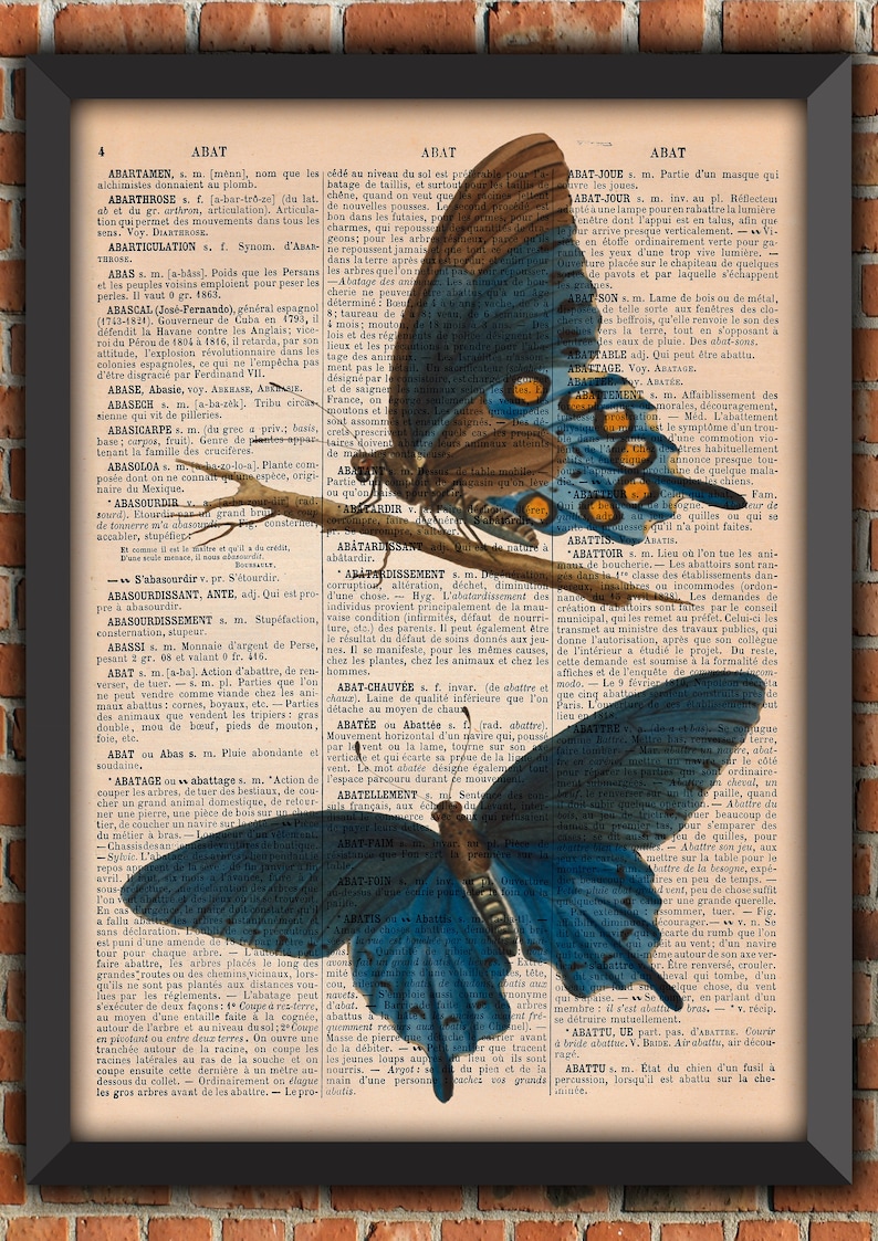 Blue Butterflies Bugs Curiosity Cabinet Odd Insect Vintage Art Print Home Decor Gift Poster Original Dictionary Page Print french old paper image 1