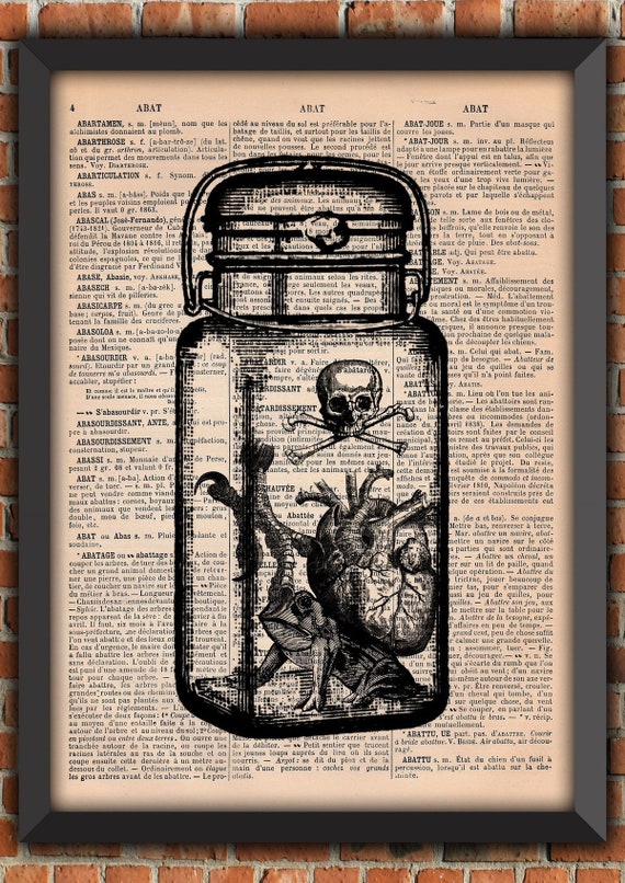 Potion Brew Frog Heart Mason Jar Dark Gothic Scary Witch Halloween Vintage Art Print Home Decor Gift Poster Original Dictionary Page Print