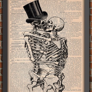 Couple Human Skeletons Kiss Love Lovers Dance Goth Punk Art Print Decor Gift Original Poster Dictionary french Page artwork ribcage bones