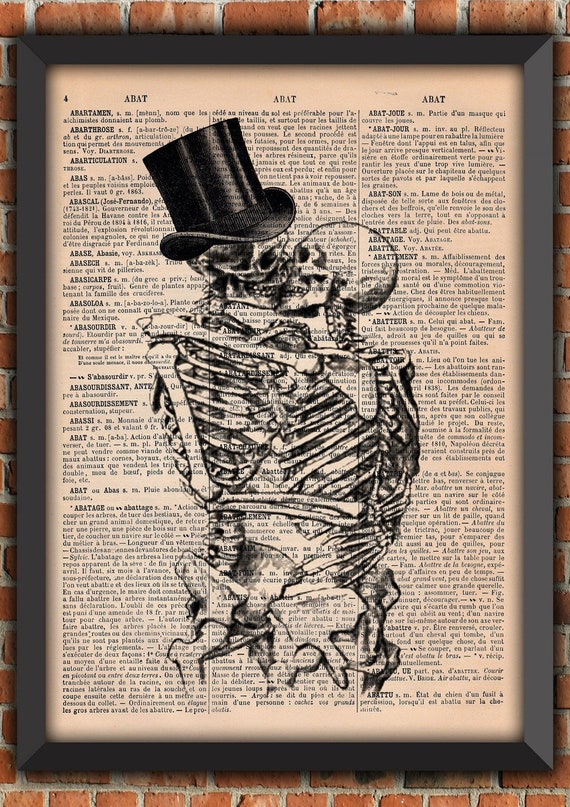 Couple Human Skeletons Kiss Love Lovers Dance Goth Punk Art Print Decor Gift Original Poster Dictionary french Page artwork ribcage bones