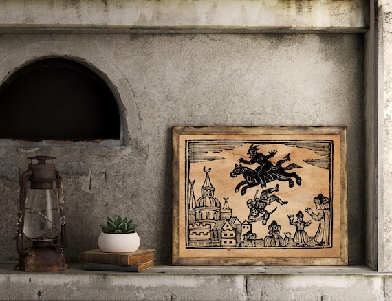 Devil on a flying horse, occult art, witchcraft,  witches and devil, medieval poster, art print,