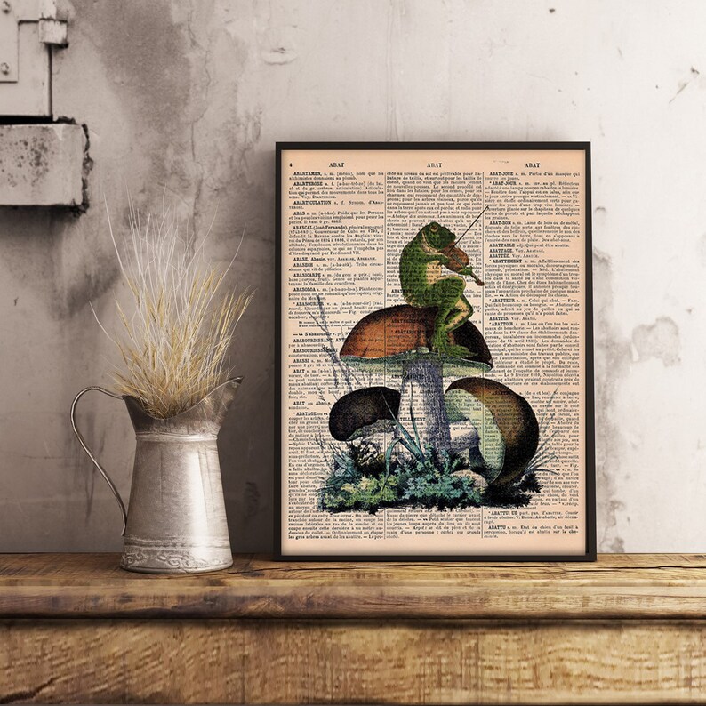 Cartel de sapo violín bosque de hadas setas fantasía vintage arte impresión pared decoración regalo cartel original imagen 2