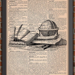 Mapa mundi para escritório, livro globo, pena, vaidades, arte vintage, decoração de parede, ciência vitoriana, original, página de dicionário vintage