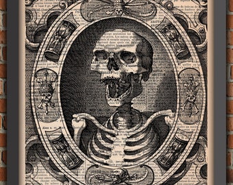 Memento Mori Skeleton Skull Crow Raven Gothic Crane Skeleton Vintage Art Print Home Decor Gift Poster Original French Dictionary Page Print