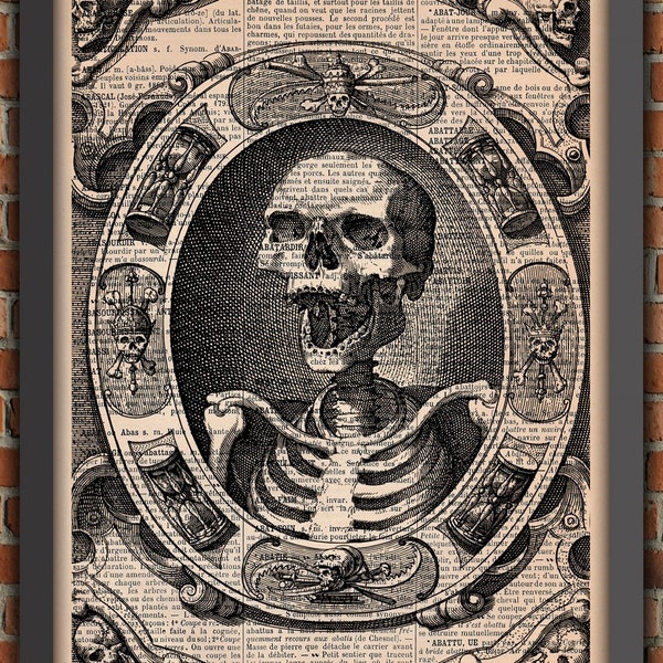 Memento Mori Os Squelette Crâne Tête De Mort Gothique  Vintage Art Print Décoration Murale Poster Original Dictionnaire Page Impression A252