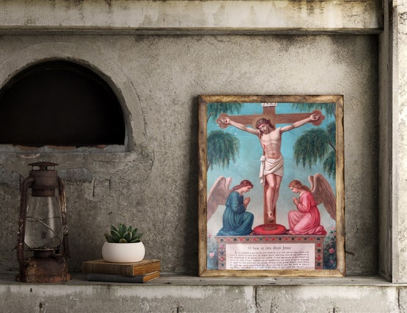 vintage chromolitography in french religion Jesus Angel religious decor authentic original illustration france