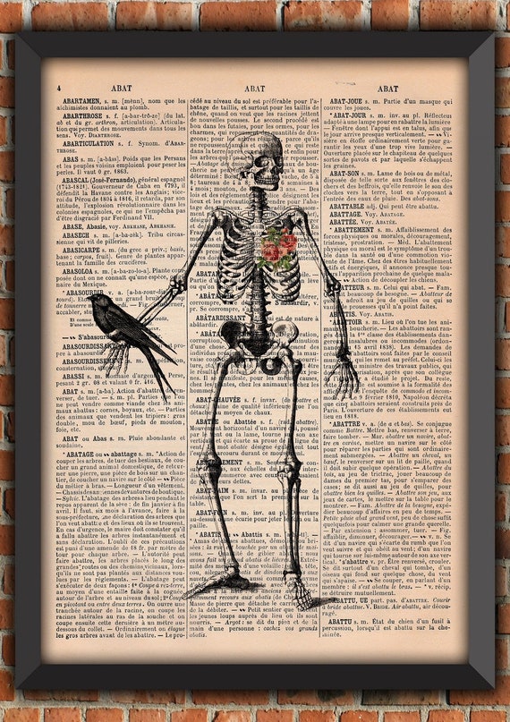 artwork original Humane Skeleton ribcage Dark Gothic  Halloween Goth Man Bones Vintage Art Print Home Decor Gift Original Dictionary Page