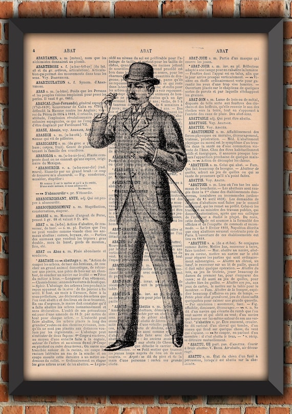 Victorian Gentleman Suit Cane Hat Mustache Dandy Engraving Retro Vintage Art Print Home Decor Gift Poster Original Dictionary Page Print