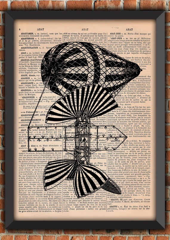 Victorian flying machine Steampunk Aviator Man Vintage Art Print Home Decor Gift Poster Original Authentique french Dictionary Page Print