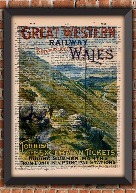 Wales UK Train GWR Landscape Victorian Shabby Chic Hills Industrial Vintage Art Print Home Decor Gift Poster Original Dictionary Page Print
