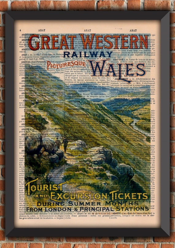 Wales UK Train GWR Landscape Victorian Shabby Chic Hills Industrial Vintage Art Print Home Decor Gift Poster Original Dictionary Page Print