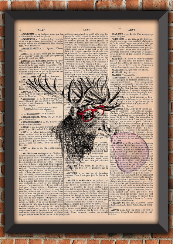 Moose Deer Stag Glasses Hipster Funny Chewing Gum Vintage Art Print  Home Decor Gift Poster Original Dictionary Book Page Print [A014]
