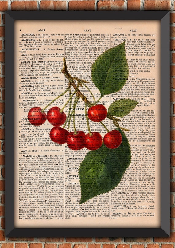 kitchen poster fruit CHERRY CHERRIES  vegan Vintage gift botanical Art Print Home Decor Gift Poster Original Dictionary Page french book