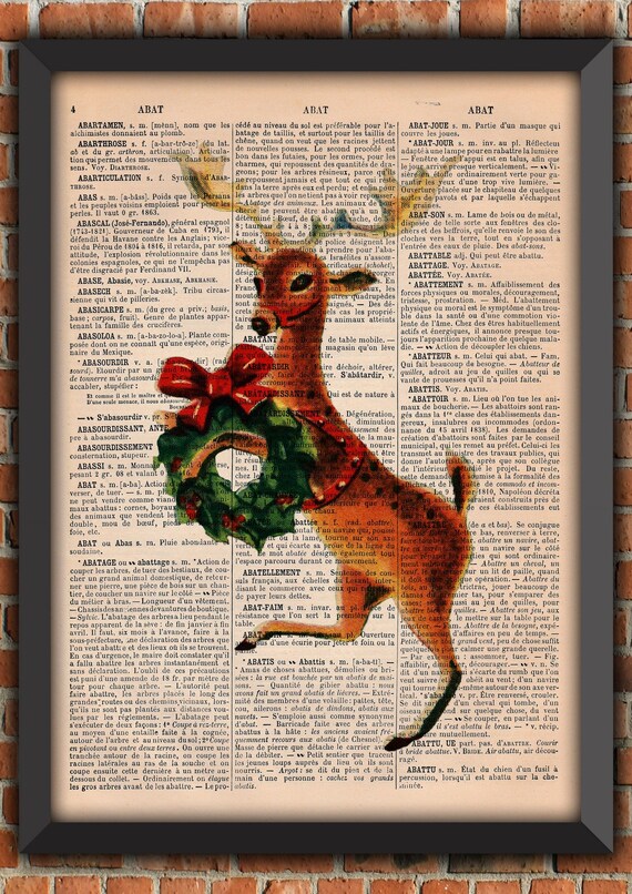 Reindeer Rudolf Santa Claus Christmas Wreath X-Mas Tree Smile Retro Vintage Art Print Home Decor Gift Poster Original Dictionary Page Print