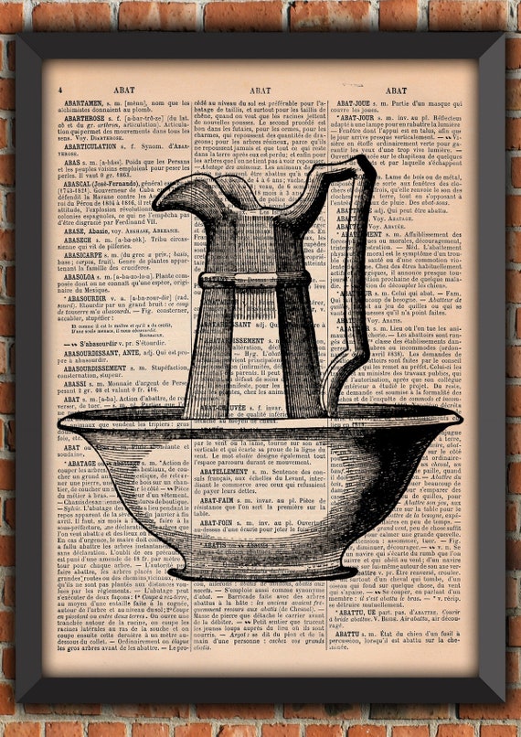 Pitcher Bowl Shabby Chic Kitchen Downton Abbey Art Print  Home Decor Writing Gift Poster Original Dictionary Vintage Book Page Print [A01]