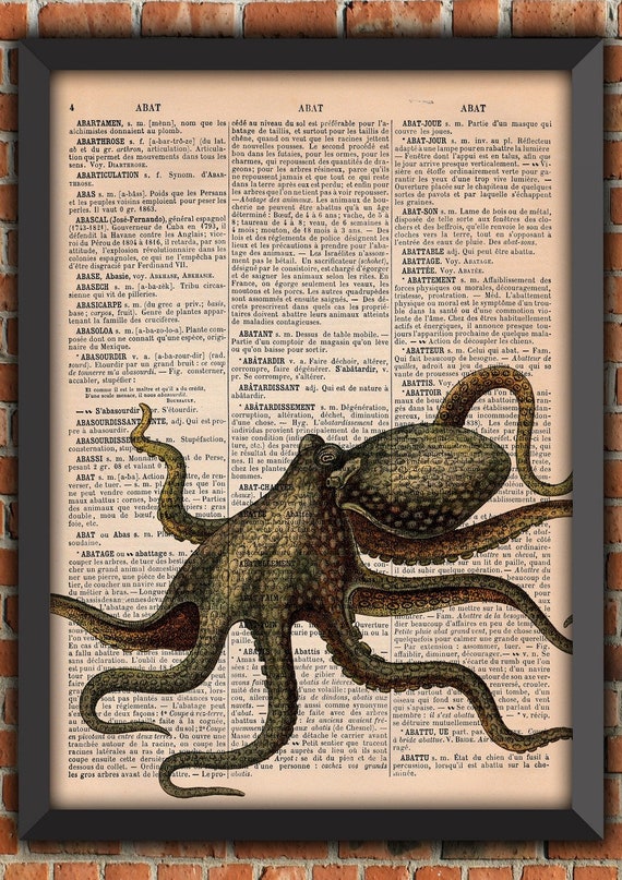 Octopus Tentacles Cthulhu Squid Ocean Sea Retro Vintage Art Print Home Decor Gift Poster Original Dictionary Page Print