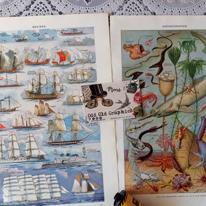 Decoración marina, decoración costera, Lote 2 carteles de barcos, cartel de oceanografía, cartel de buceo, decoración de pescadores, cartel vintage auténtico