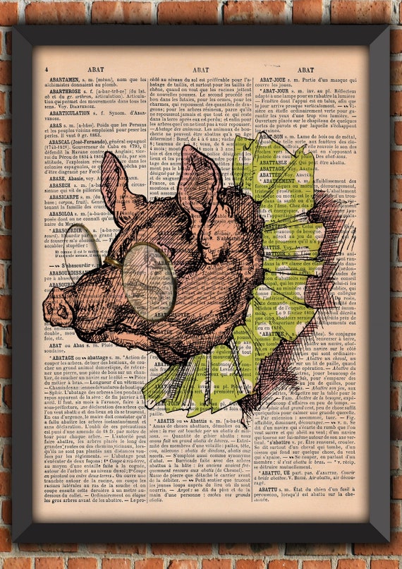 Pig Glasses Grandpa Grandma Polka Dots Funny Whimsical Animal Vintage Art Print Home Decor Gift Poster Original French Dictionary Page Print