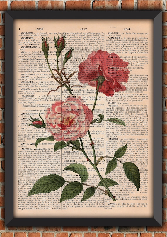 Flower Cabbage Rose Bouquet Garden Shabby Chic Mother's Day Plants Vintage Art Print Home Decor Gift Poster Original Dictionary Page Print