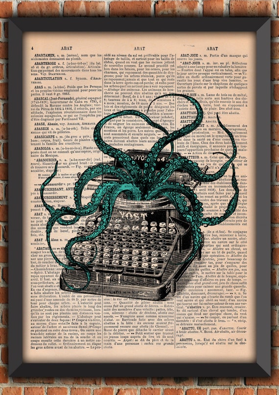 Victorian Typewriter Cthulhu Lovecraft Tentacles Octopus Squid Art Print Home Decor Writing Gift Poster Original Dictionary Book Page Print