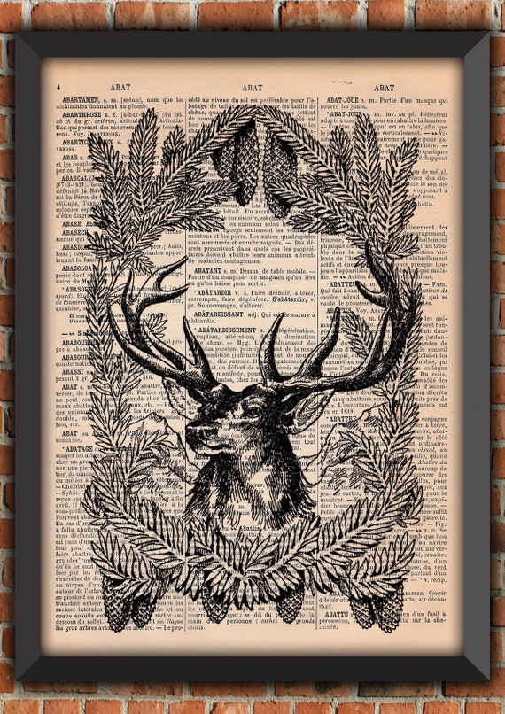 Stag Deer Elk Moose Pine Tree Christmas Winter Snow Vintage Art Print  Home Decor Gift Poster Original Dictionary Book Page Print [A014]