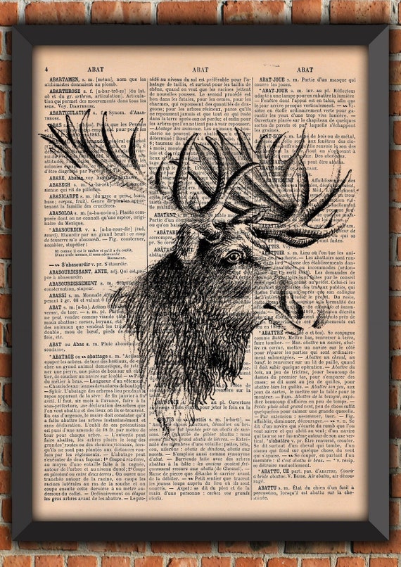 Elk Head Moose Deer Stag Christmas Winter Snow Vintage Art Print  Home Decor Gift Poster Original Dictionary Book Page Print [A014]