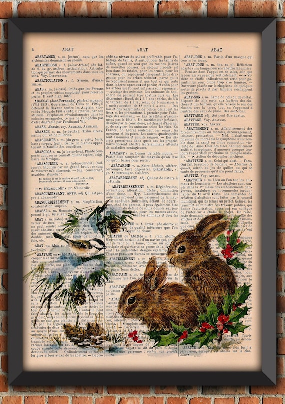 Christmas Cute Holly Snow Birds Santa Rabbits Bunny Farm Animal Hare Vintage Art Print Home Decor Gift Poster Original Dictionary Page Print
