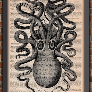 Cuttlefish Octopus Tentacles Jules Verne Squid Ocean Sea Retro Diving Vintage Art Print Home Decor Gift Poster Original Dictionary Page