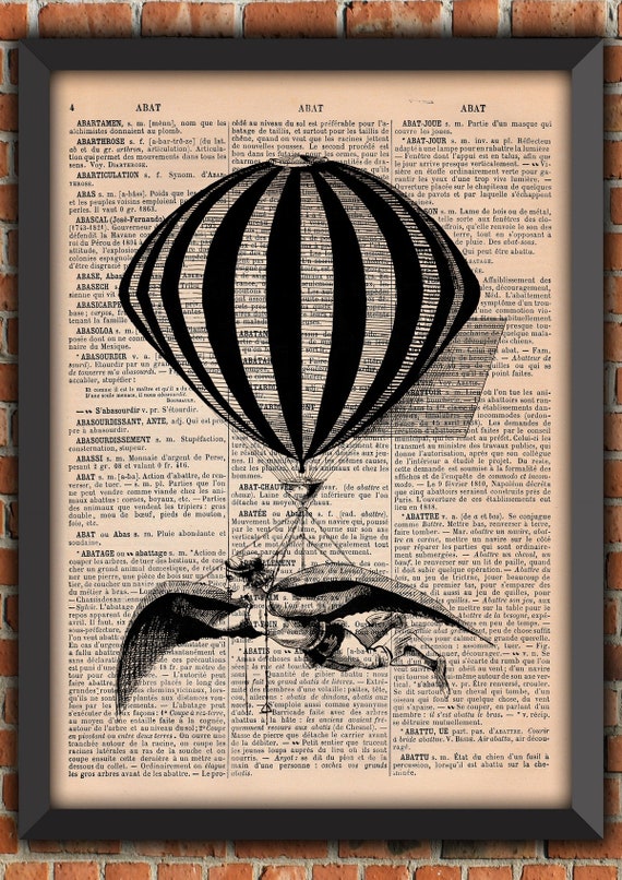 Steampunk flying machine Victorian era Man Flying Vintage Art Print Home Decor Gift Poster Original Dictionary Page Print