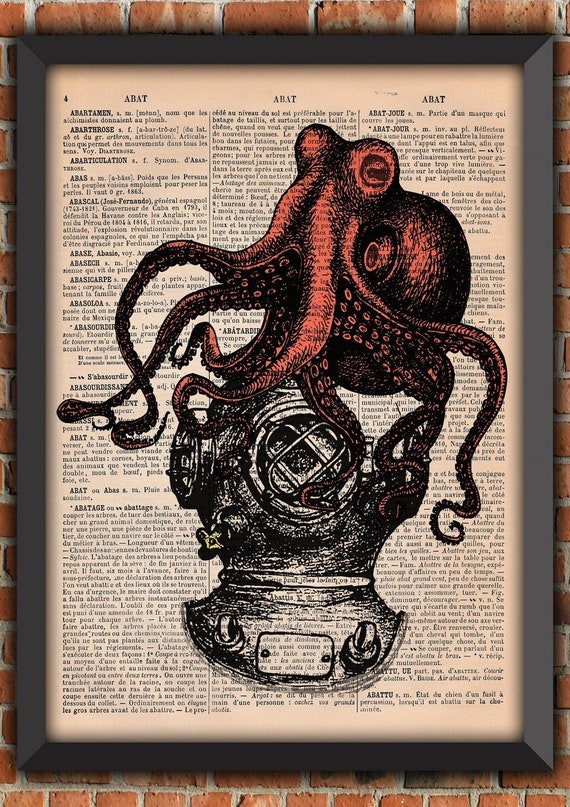 Octopus print, antique diving helmet, Tentacles, Vernes, Squid,  Ocean print, Vintage Art Print, Home Decor Gift, Original Dictionary Print