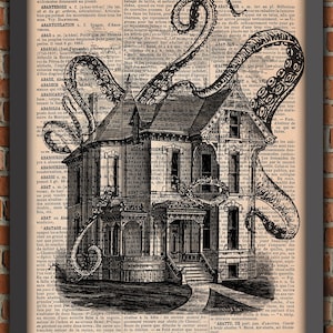 Poster di Cthulhu, Poster di polpo, Residenza vittoriana, Lovecraft, Stampa d'arte vintage, Decorazione murale, Regalo, Poster originale, Dizionario