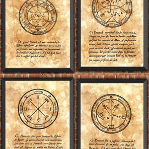 Pakiet 4 plakaty Okultyzm PENTAKLE Grimoire Wróżenie Czary Czarna magia Alchemia Stare wydruki Oryginalny gabinet osobliwości