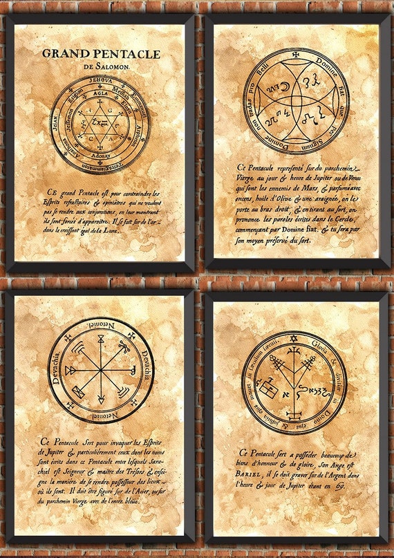 Pack 4  french Occulte Main Grimoire Divination Witchcraft Black Magic Satanism Alchimie Ouija Vintage ArtPrint Original Dictionary Page