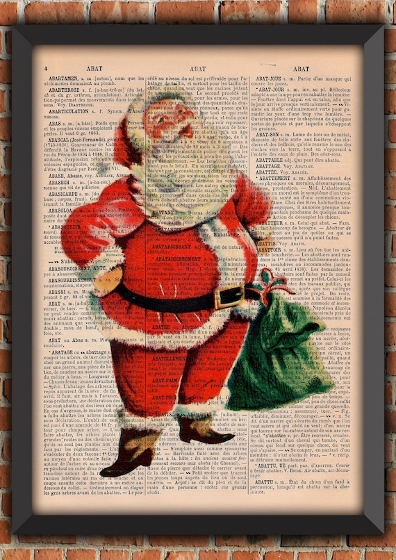 Santa Claus Christmas Wreath X-Mas Tree Reindeer Smile Retro Vintage Art Print Home Decor Gift Poster Original Dictionary Page Print