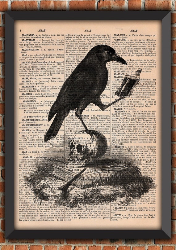 Skull with Raven, Gothic print, gift for book lover, Art Print,  POE Home Decor,  Gift from France