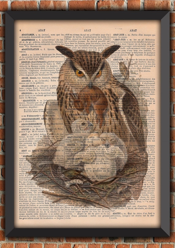 Owl Forest Night Hunting Animal lover Dark Art Print  Home Decor Writing Gift  Poster Original Dictionary Vintage Book Page Print [A01]