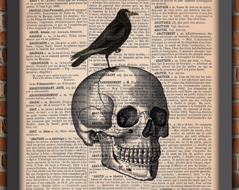 Crâne Tête De Mort Corbeau Gothique Punk Vintage Art Print Décoration Murale Cadeau Poster Original Dictionnaire Page Impression [A017]